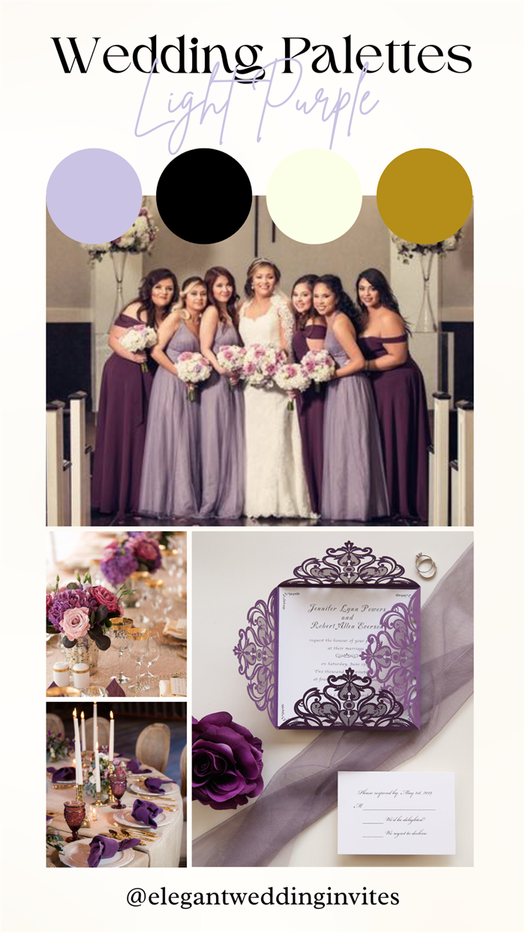 Lilac Black Ivory Gold Light Purple Wedding Color Schemes Bridemaids Dress Bridal Party Table Setting Invitation Centerpieces Bouquet Wedding Cake