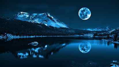 reflection of snowy mountain on body of water under full-moon wallpaper HD wallpaper