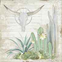 Old West Cactus Garden w Longhorn Cow Skull n Succulents over Wood by Audrey Jeanne Roberts