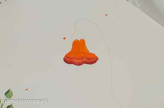 finish painting trumpet vine flower with orange, pamela groppe art