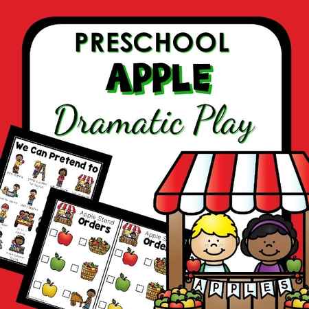 Collage of images which include pretend play printable, apple stand orders printable, and text that reads 