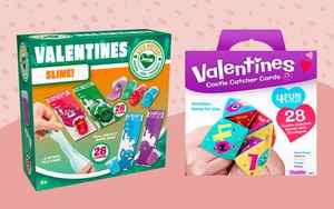 JOYIN Valentines Slime! and Kangaroo Cootie Catcher Valentine’s Cards displayed on a two-tone pink background