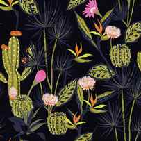 Beautiful Dark summmer night Seamless pattern tropical, flower, bird of paradise and cactus forest, hand drawing style on navy blue background. by Julien