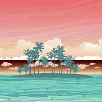 Green coconut island ans sea on a sunset sky with clouds. tropical seascape illustration. by Julien