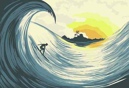 Wall Art - Drawing - Tropical island wave and surfer at sunset by Julien