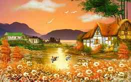 Beautiful Scenery, flowers, houses, art, draw HD wallpaper