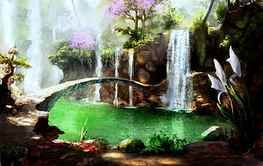 ..Green Lagoon in Spring. colors, digital art, spring, scenery, bright, drawings, architecture, attractions in dreams, waterfalls, paintings, lagoon, seasons, creative pre-made, love four seasons, landscapes, green, nature, bridges, flowers HD wallpaper