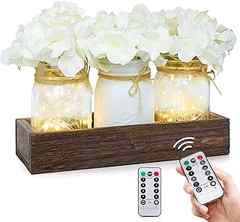 Lighted Floral Rustic Mason Jar Centerpiece Decorative Wood Tray with Remote Control LED Fairy Lights and 3 Painted Jars F. 