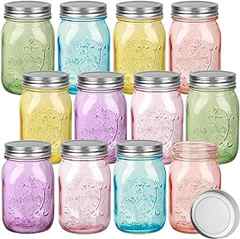 Pinkunn 12 Pcs 16 oz Colored Mason Jars with Lids Bulk, Vintage Color Glass Mason Jars for Storage Airtight Regular Mouth . 