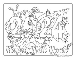 New Year Coloring Pages Happy New Year 2024 Holiday Decorations