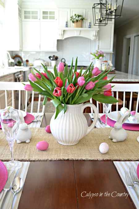 Pink Tulips in White Pitcher on Table - Spring is Here!