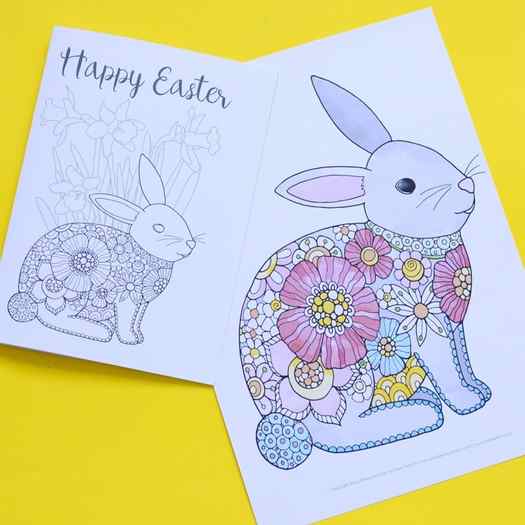 Easter Bunny Coloring Pages - one gorgeous designs 4 ways to print. Turn these into wonderful Greeting Cards. Have a stand along bunny, or combine it with some pretty Spring Flowers. We love coloring pages for Easter and we love coloring pages for adults. 