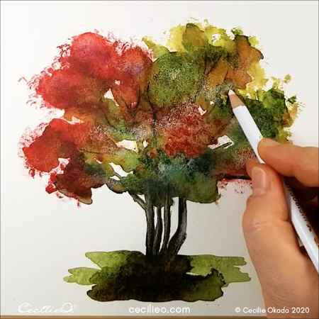 Drawing with colored pencils to create a dynamic impression of leaves.