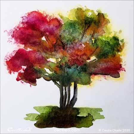 The completed watercolor of a tree in fall colors.