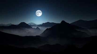 moon and mountains, nature, landscape, mist, starry night, moonlight HD wallpaper