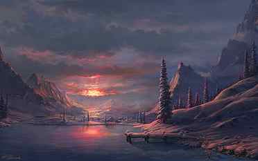 Drawing Sunset Snow Winter Trees Mountains Clouds HD, digital/artwork HD wallpaper