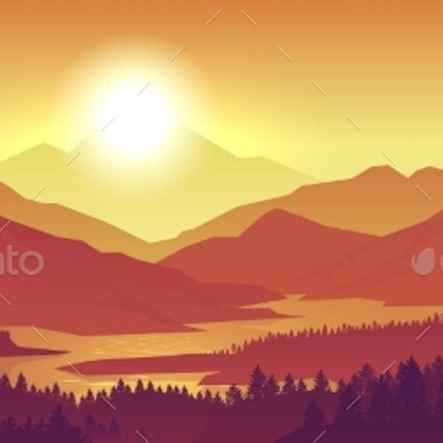 Mountain Sunset Landscape Realistic Pine Forest
