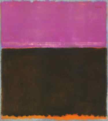 Rectangular fields of magenta pink, black, and a band of flame orange nearly fill this abstract, vertical canvas. The narrow edges around the fields are sky blue. The magenta rectangle takes up the top third, and the black field below takes up most of the rest of the canvas. The narrow band of orange lines the bottom edge. The edges of the pink and black are blended, giving the forms a blurry look.