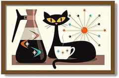 Wall Art Print Mid Century Modern Art, Kitchen Art Print, Black Cat Lover, Kitchen Decor, Coffee Lover, Retro Coffee Pot, . 