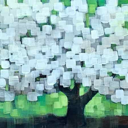 Spring Blooming mixed media tree painting by Connie Geerts | Effusion Art Gallery, Invermere BC