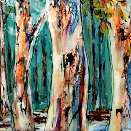 Stay Quiet, mixed media treescape painting by David Zimmerman | Effusion Art Gallery + Cast Glass Studio, Invermere BC