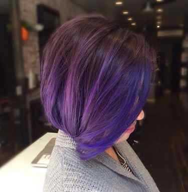 dark brown bob with blue and purple balayage