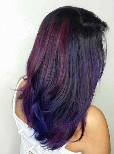 black hair with burgundy and blue balayage