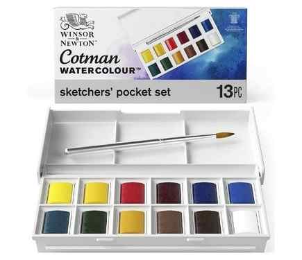 Winsor & Newton Cotman Water Colour, Half Pans, 13 count (12 colors and a brush)