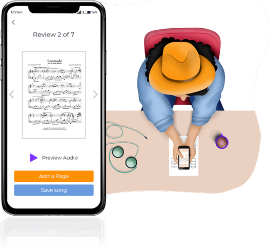 Person using the sheet music scanner function within the Harmony Helper app