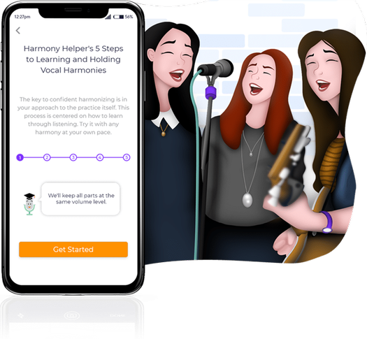 Three people singing and performing together using the Harmony Helper app