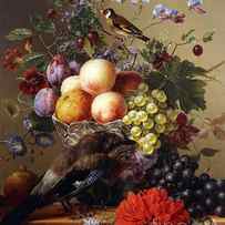 Peaches, Grapes, Plums and Flowers in a Glass vase with a Jay on a Ledge by Arnoldus Bloemers