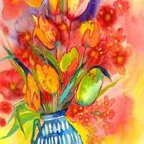 Tulips And Poppies In Striped Vase by Suzann Sines