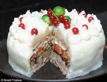 Time for tea: Or make that Christmas dinner! This eye-catching Christmas dinner cake was the brainchild of the Americans. but tastes surprisingly good (once you