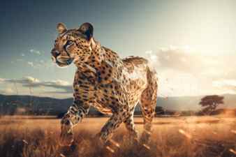 A cheetah running across a dry grass field generative ai image