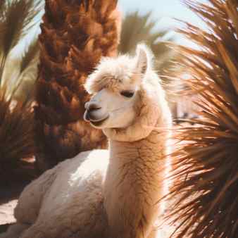 Portrait of a cute alpaca on the background of palm trees