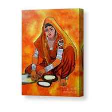 Acrylic Painting-A Rural Lady making Chapati Canvas Print / Canvas Art by Priyanka Rastogi