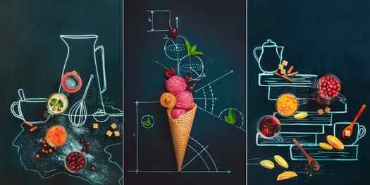 Three overhead flat lay still life photography ideas of food photography posed on a blackboard with chalk drawings