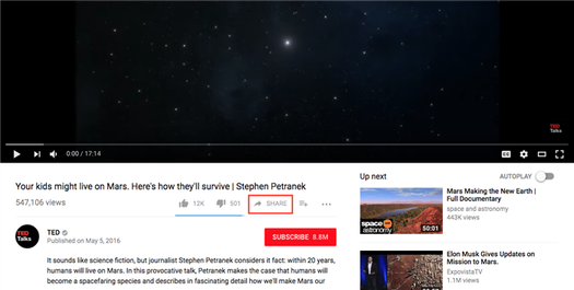 Screenshot of a youtube video with the share button highlighted.