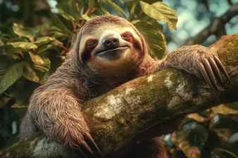 Portrait of cute three toed sloth hanging on the tree Stock Photo