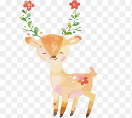 multicolored deer illustration, Drawing Watercolor painting, Hand-painted flowers deer head long material, antler, mammal png thumbnail