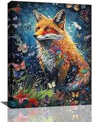 Cute Fox Wall Art Butterfly Fox Wall Decor Canvas Print Wild Animal Painting Modern Home Decorations Framed Artwork For Ba. 