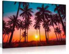 Coconut Palm Trees On Beach At Sunset Canvas Wall Art Picture Print