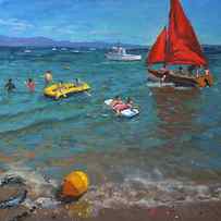 Yellow buoy and red sails by Andrew Macara