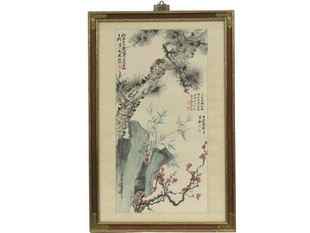 CHINESE SCHOOL (20TH CENTURY), INK AND WATERCOLOR ON: CHINESE SCHOOL (20TH CENTURY), INK AND WATERCOLOR ON PAPER, PINE AND BLOSSOMS, SIGNED AND SEALED. SIGHT 35 1/2 X 17 1/2