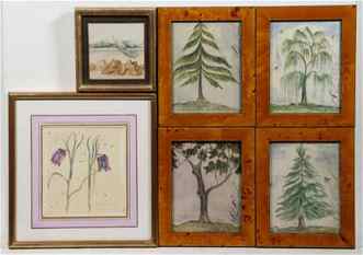 (5) BOTANICAL PRINTS & (1) WATERCOLOR: Lot of (6) Pieces of Framed Decorative Art, incl: Set of (4) limited edition pencil signed prints of trees by Kolene Spicher ( US, 20th c.) - Whispy Pine, 252/1000; The Larch on Lemon St., 60/1000; Gn