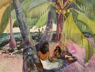 Watercolor, Hawaiian Beach Scene, 20th Century Dorothy Williams, American, 20th century, watercolor: Dorothy Williams, American, 20th century, watercolor of Hawaiian beach scene, palm trees and picnic.. Signed and dated 