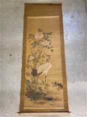 Japanese Scroll Painting: A Kakemono by Egami To-son (early 20th C.) watercolor on silk fabric with crane and peony or Botan tree decoration, signed lower left. Painted area: 58in x 22in. Entire scroll: 77in x 26-1/2in.