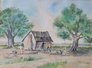 Emmie McIntire: (South Carolina, 20th century) Watercolor on paper rural African American farm scene with cabin and live oak trees. Signed lower right. H12