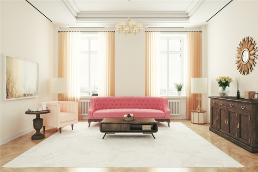 Art deco living space with pink couch