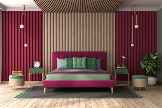 Modern bedroom with light wood furniture accented in magenta and pale green